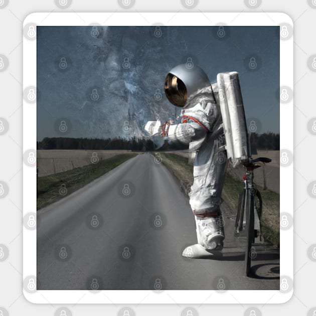 Astronaut With Bicycle On Road Sticker by KoumlisArt